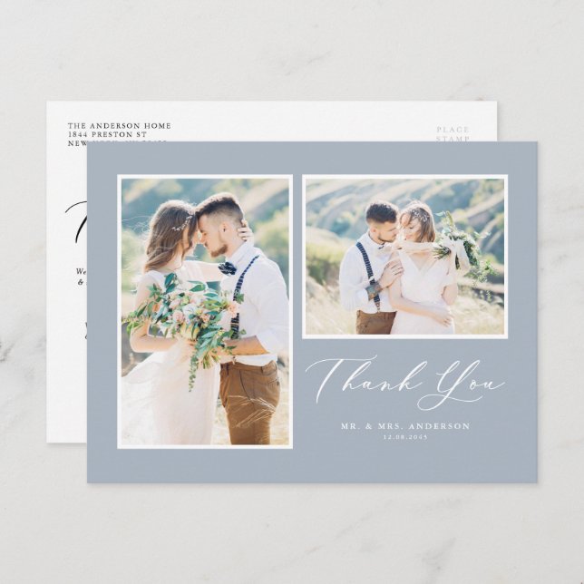 Script Dusty Blue Two Photo Wedding Thank You Postcard (Front/Back)