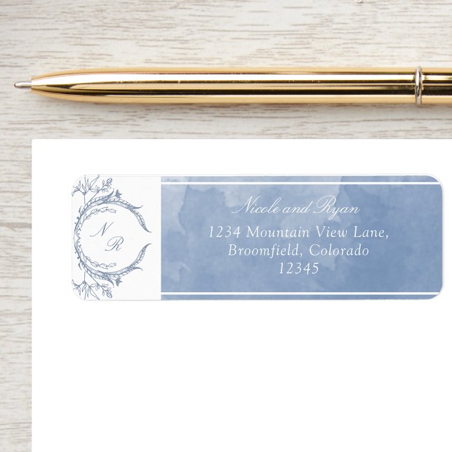 Script Dusty Blue Watercolor, Monogram Wedding Return Address Label (Creator Uploaded)