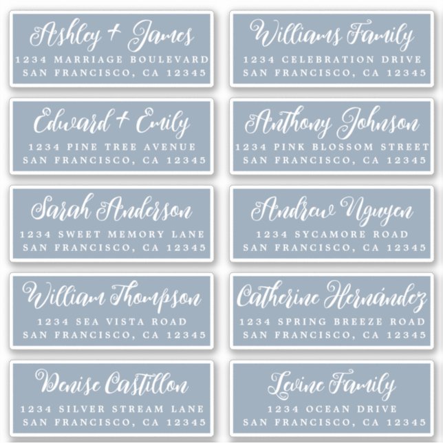 Script Dusty Blue Wedding Guest Address Labels (Front)