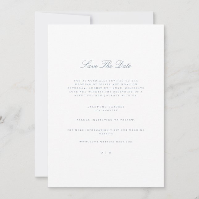 Script Dusty Blue & White Save The Date Card (Front)