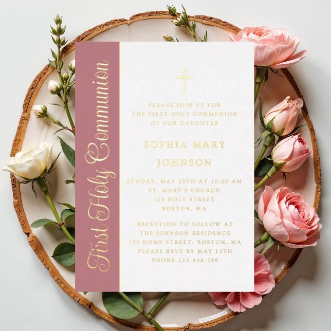 Script Dusty Pink Girl First Communion Gold (Script Dusty Pink Girl First Communion Gold Foil Invitation)