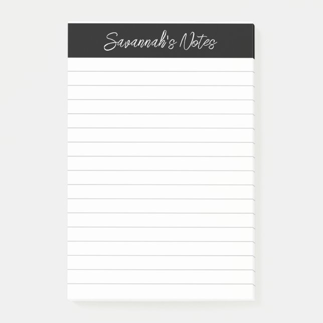Script Elegant Black Gray Lined Personalized Post-it Notes (Front)