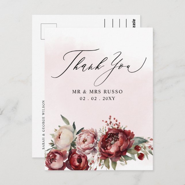 Script Elegant Burgundy Blush Floral Thank You Postcard (Front/Back)