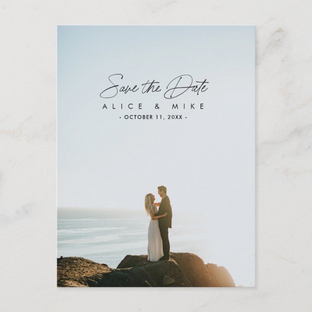Script elegant calligraphy Save the Date Photo Ann Announcement Postcard (Front)