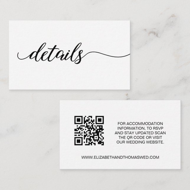 Script elegant Details Wedding website QR code  Enclosure Card (Front/Back)