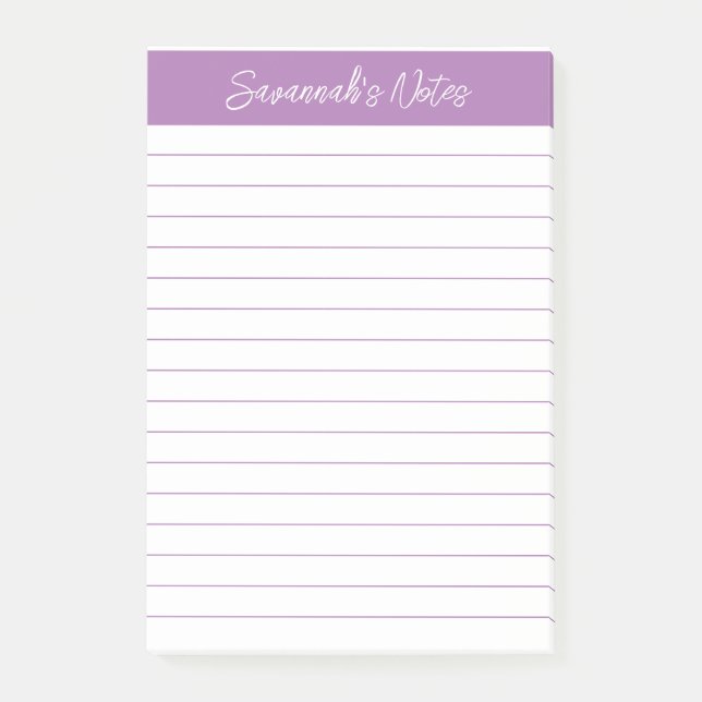 Script Elegant Lavender Lined Personalized Post-it Notes (Front)
