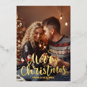 Script Elegant Merry Christmas golden foil Photo  Foil Holiday Card