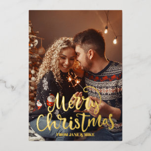 Script Elegant Merry Christmas golden foil Photo  Holiday Card