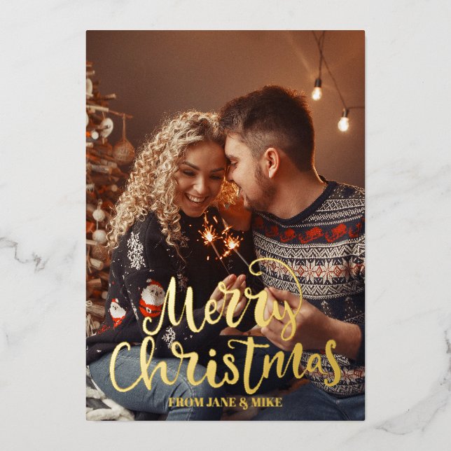 Script Elegant Merry Christmas golden foil Photo  Holiday Card (Front)