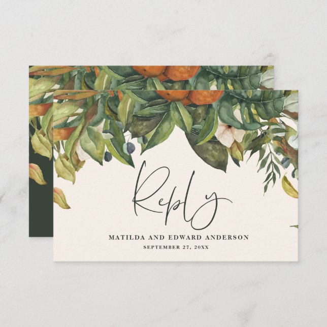 Script elegant wedding citrus botanical modern RSVP card (Front/Back)