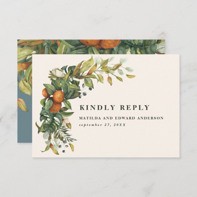 Script elegant wedding citrus botanical modern RSVP card (Front/Back)