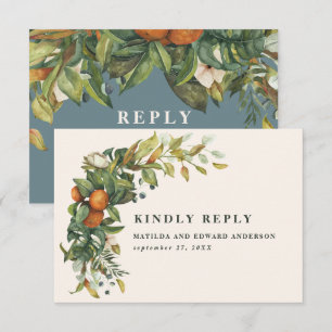 Script elegant wedding citrus botanical modern RSVP card