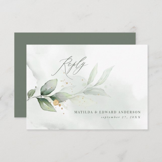 Script elegant wedding green botanical modern RSVP card (Front/Back)
