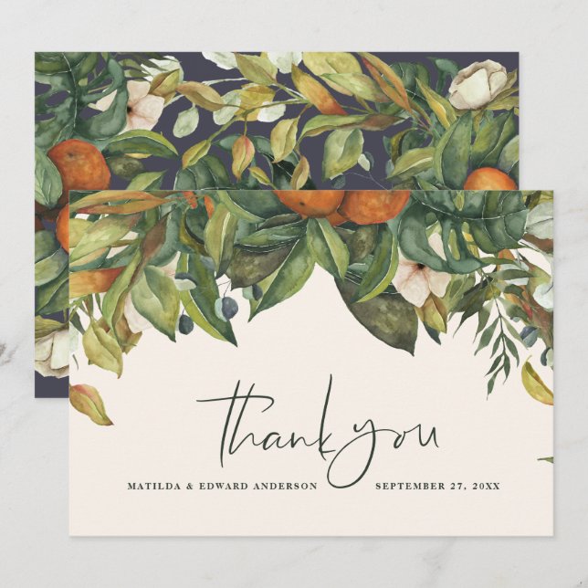 Script elegant wedding thank you citrus botanical card (Front/Back)