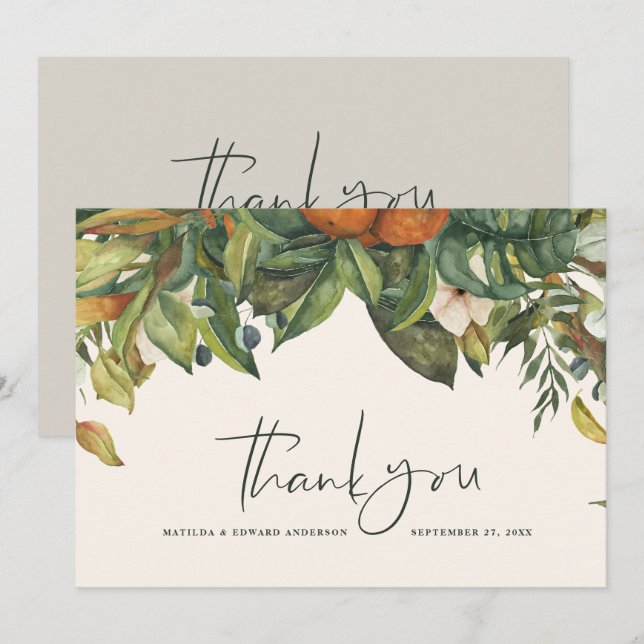 Script elegant wedding thank you citrus botanical card (Front/Back)