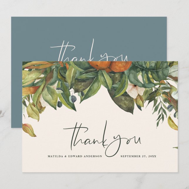 Script elegant wedding thank you citrus botanical card (Front/Back)