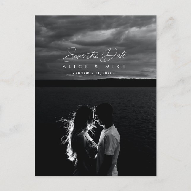 Script elegant white calligraphy Save the Date Ann Announcement Postcard (Front)