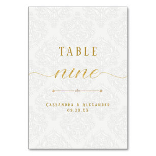 Script Elegant White Lace Gold Wedding Nine 9 Table Number