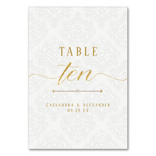 Script Elegant White Lace Gold Wedding Ten 10 Table Number (Front)