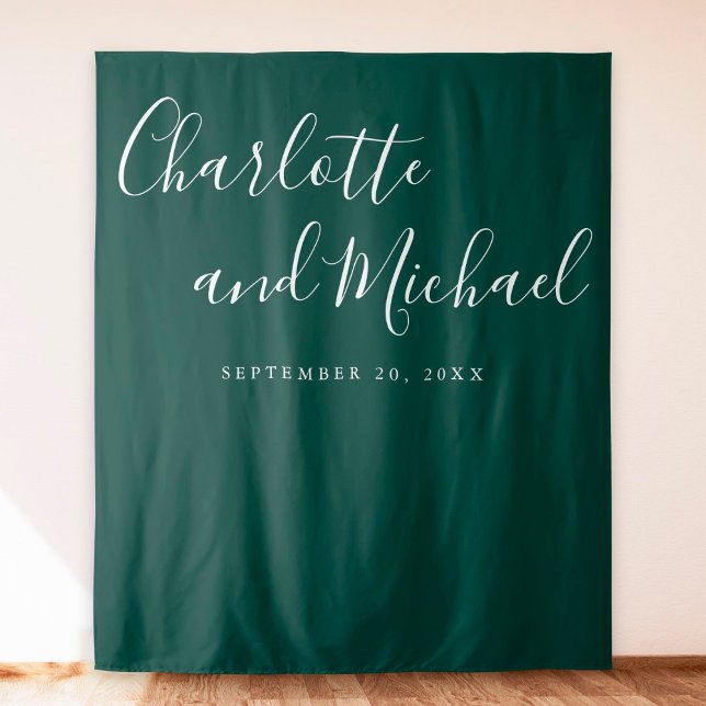 Script Emerald Green Wedding Photo Booth Backdrop Tapestry (Creator Uploaded)