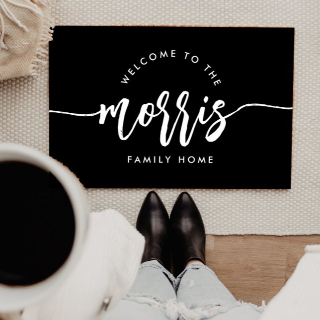 Script Family Name Modern Black Personalised Doormat (Creator Uploaded)