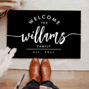 Script Family Name Modern Black Personalised Doormat