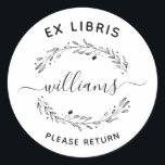Script Family Name Rustic Leaves Ex Libris Book Classic Round Sticker<br><div class="desc">Create your own Rustic Leaves Script Family Name Ex Libris Book bookplate with our easy-to-use template! Featuring hand-drawn rustic leaves with stylish script and simple sans-serif typography. Simply click on "Personalise this template" and add your own family name in the field provided.</div>