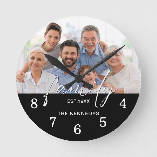 Script Family Typography Name Photo Black White Round Clock (Front)