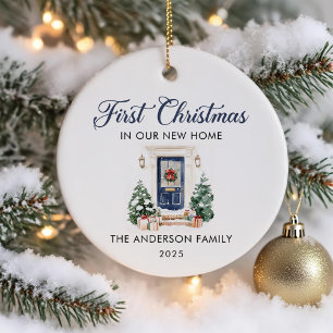 Script First Christmas At Our New Home Blue Ceramic Ornament