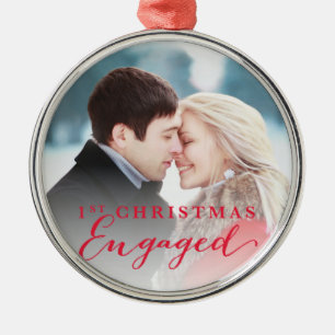 Script First Christmas Engaged Holiday Photo Metal Ornament