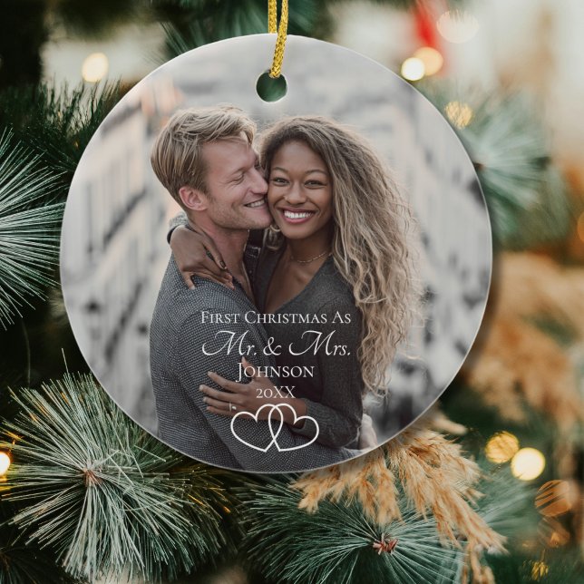 Script First Christmas Mr & Mrs Wedding Photo Ceramic Ornament (Creator Uploaded)