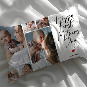 Script First Mother's Day Photo Collage Gift Lumbar Cushion