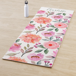 Script Floral Print Peach Blush Pink Yoga Mat
