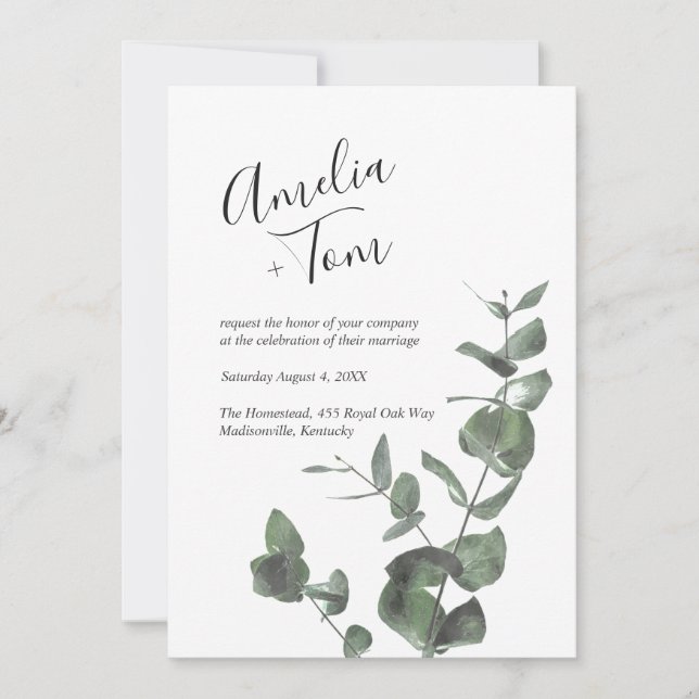 Script Font Watercolor Greenery Branch Wedding Invitation (Front)