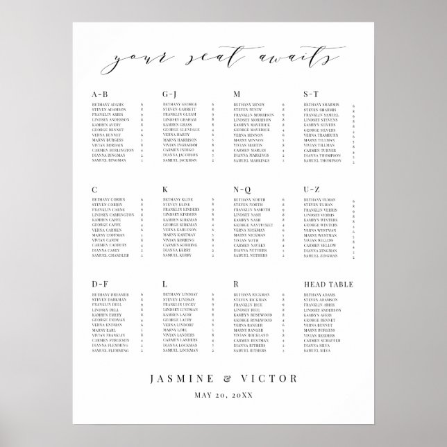 Script Formal Wedding Seating Chart Reception Sign (Front)