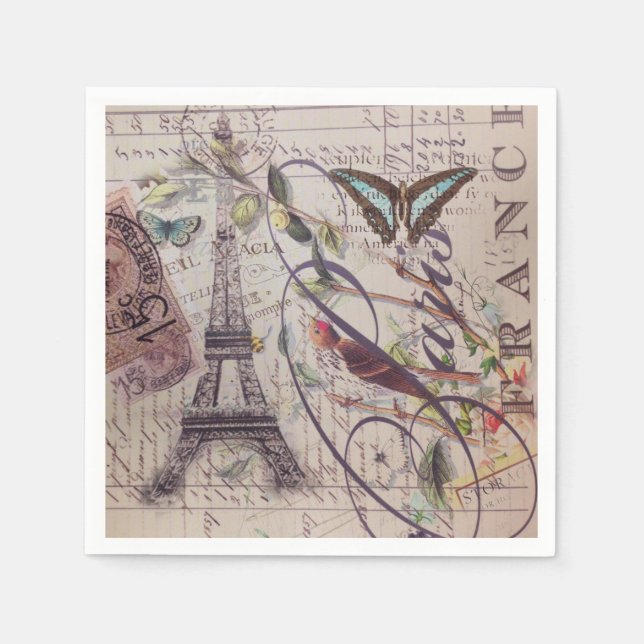 Script French country butterfly Paris Eiffel Tower Napkin (Front)