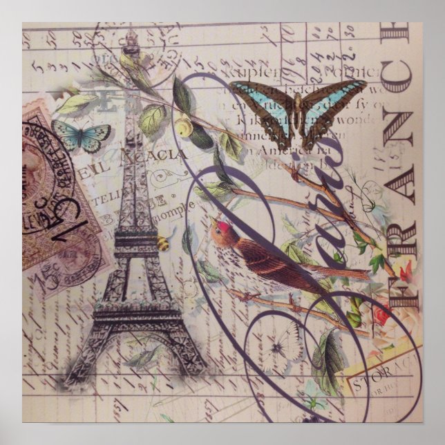 Script French country butterfly Paris Eiffel Tower Poster (Front)