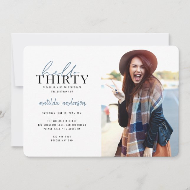 Script & geometric thirtieth birthday photo invite (Front)