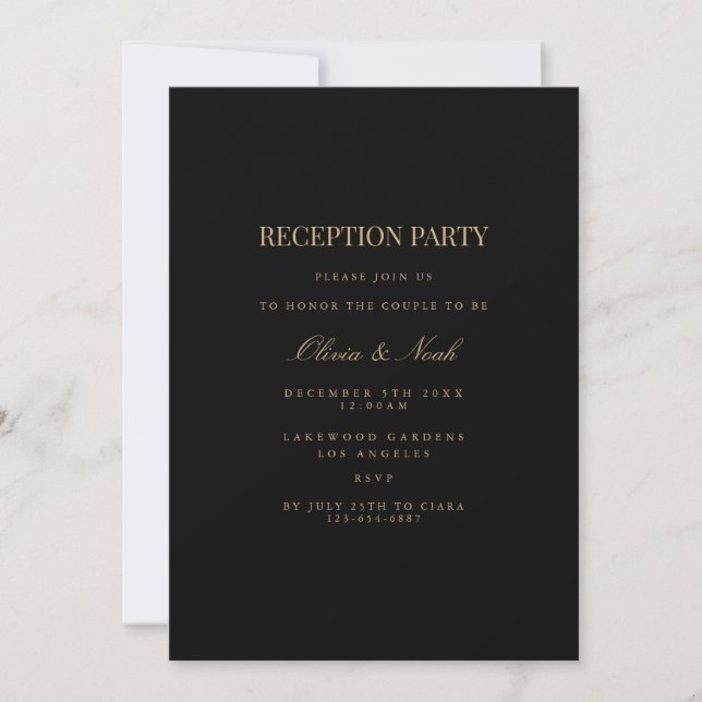 Script Gold & Black Reception Invitation Card (Front)