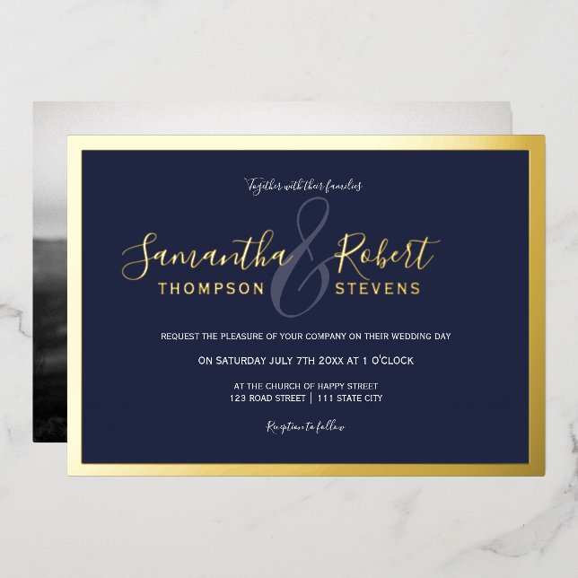 Script gold border navy blue photo wedding (Front/Back)