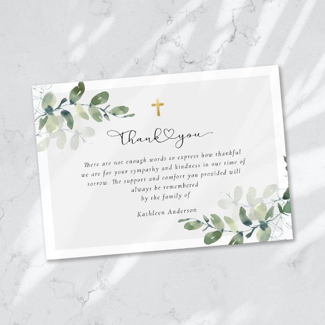 Script Gold Cross Eucalyptus Sympathy Funeral  Thank You Card (Creator Uploaded)