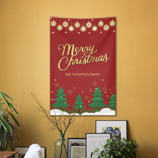 Script Gold Merry Christmas Trees Family Banner (Script Gold Merry Christmas Trees Family Banner)