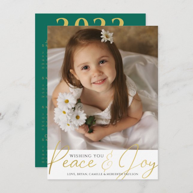 Script Gold PEACE AND JOY Photo 2022 Calendar Holiday Card (Front/Back)