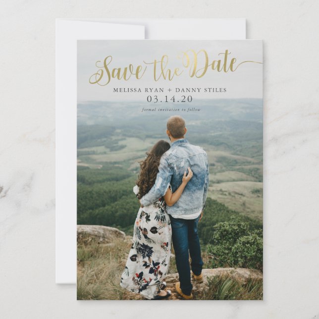 Script Gold Photo Save the Date Cards (Front)