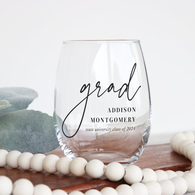 Script Grad Personalised Class of 2025 Graduation Stemless Wine Glass (Creator Uploaded)