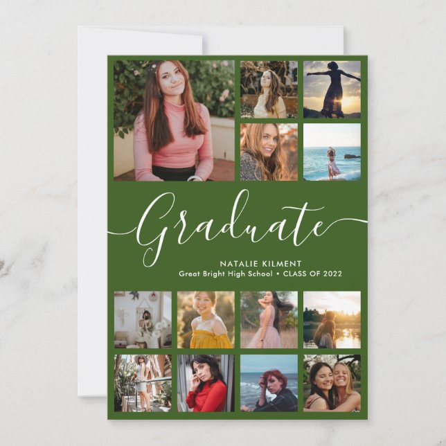 Script Graduate 14 Photo Collage Green Graduation Invitation (Front)