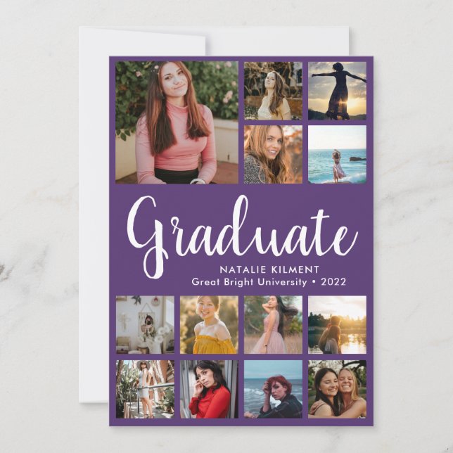 Script Graduate 14 Photo Collage Purple Graduation Invitation (Front)