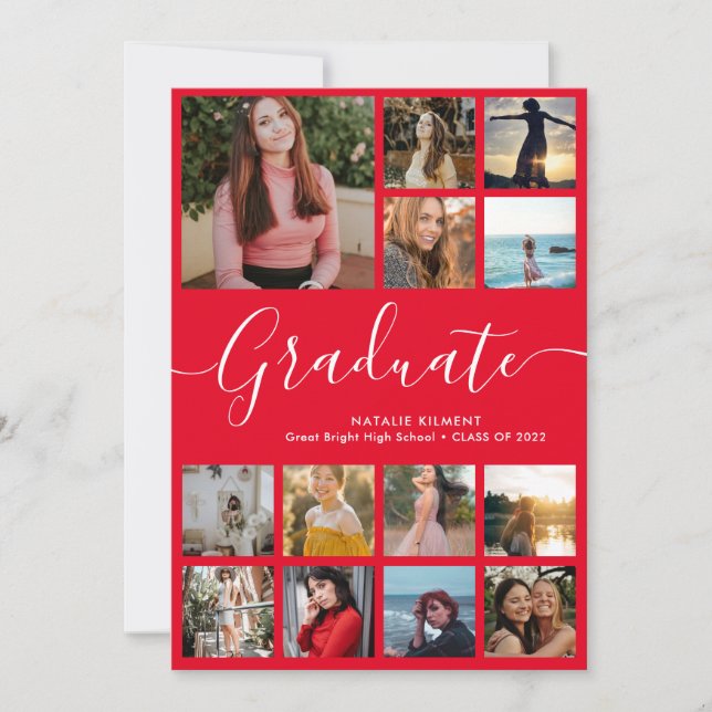 Script Graduate 14 Photo Collage Red Graduation Announcement (Front)