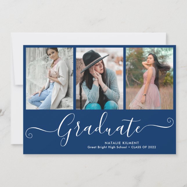Script Graduate 4 Photo Collage Blue Graduation Invitation (Front)