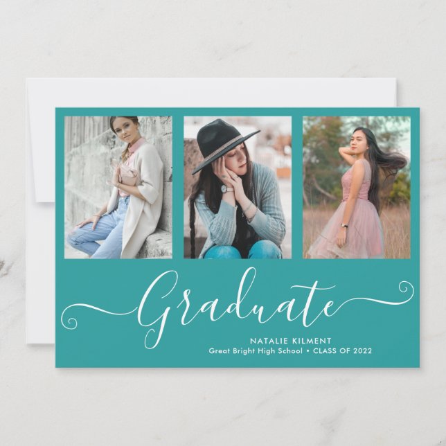 Script Graduate 4 Photo Collage Teal Graduation Invitation (Front)